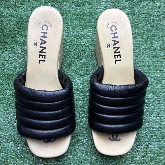 Chanel Wedge Platform Mules White Black SZ 37 US 6.5 Authentic Sandal Heels - Picture 2 of 10